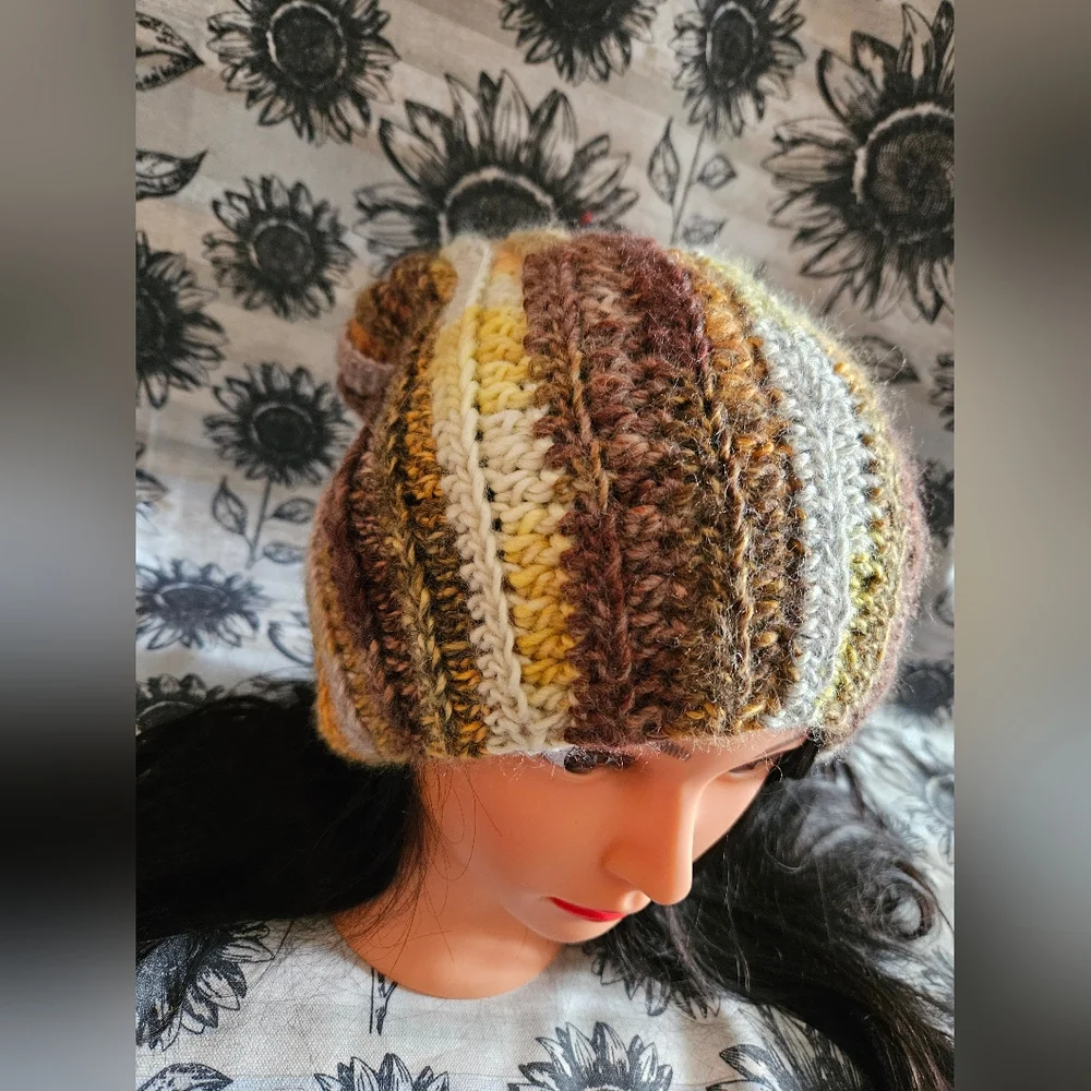 Crochet Wool Mix Slouchy Green Brown Beanie Hat - Picture 4 of 12